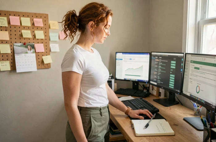 Jeune femme en télétravail debout devant un bureau réglable avec double écran et carnet de notes dans un espace de travail personnel organisé