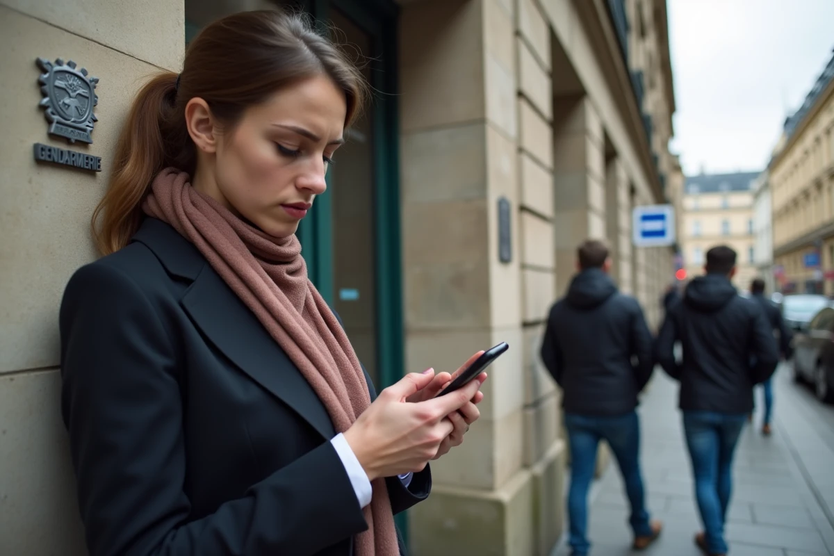 Jeune femme dehors devant une gendarmerie regardant son téléphone