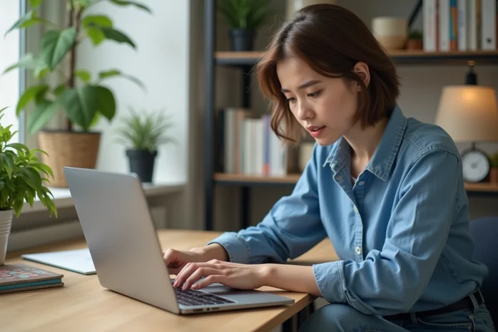 Jeune femme curieuse utilisant un ordinateur dans un bureau moderne
