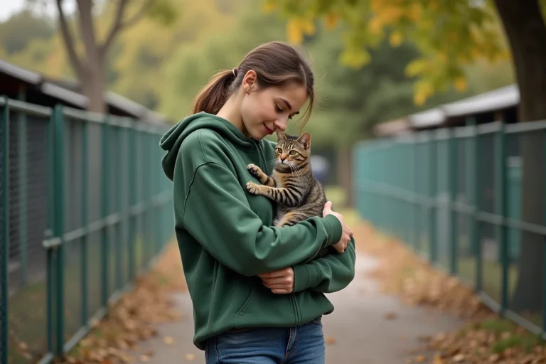 Jeune femme avec chat rescue dans un refuge animal