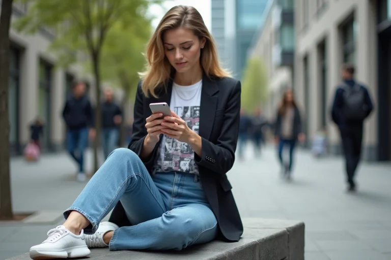 Jeune femme en blazer et jeans sur un banc en ville