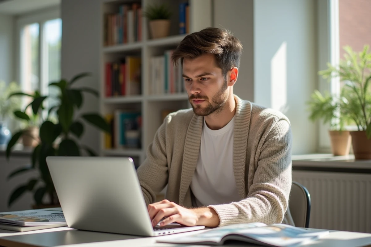 Jeune homme regardant un site de shopping en ligne au bureau