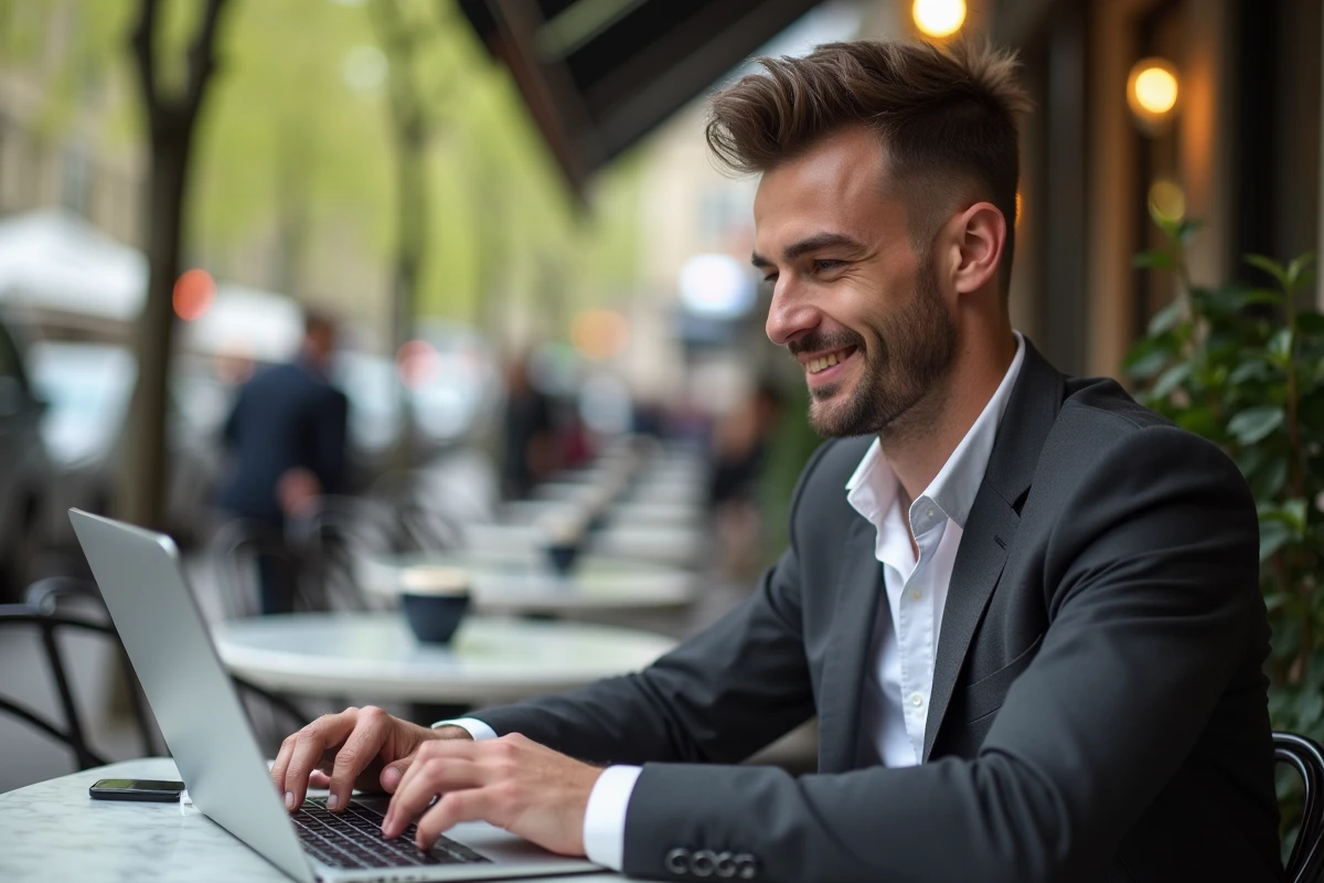 Jeune homme au café à Paris travaillant sur son ordinateur