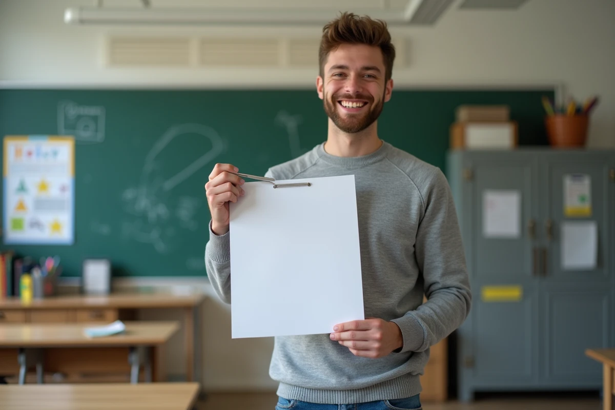 Jeune homme souriant tenant un document partiellement delaminé en classe