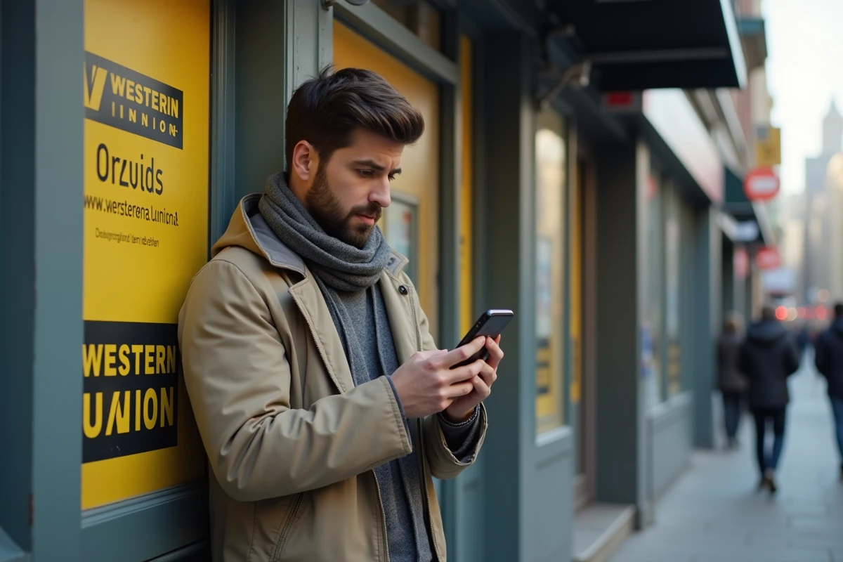 Jeune homme regardant son smartphone devant une agence Western Union