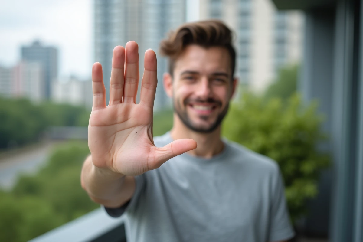 Jeune homme en extérieur montrant son doigt marqué