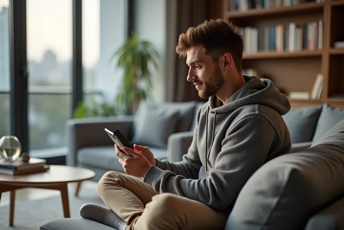 Jeune homme utilisant un smartphone pliable dans un appartement urbain moderne et tendance