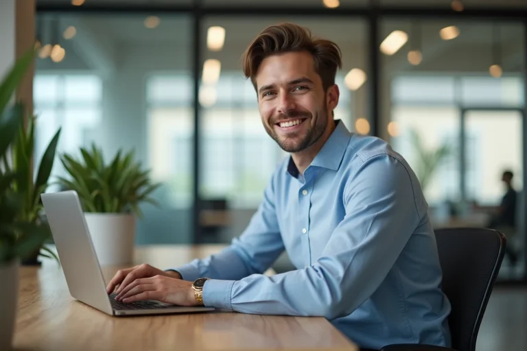 Jeune homme professionnel travaillant sur son ordinateur dans un espace coworking