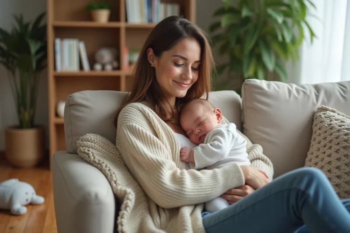 Jeune maman berçant son bébé dans un salon chaleureux