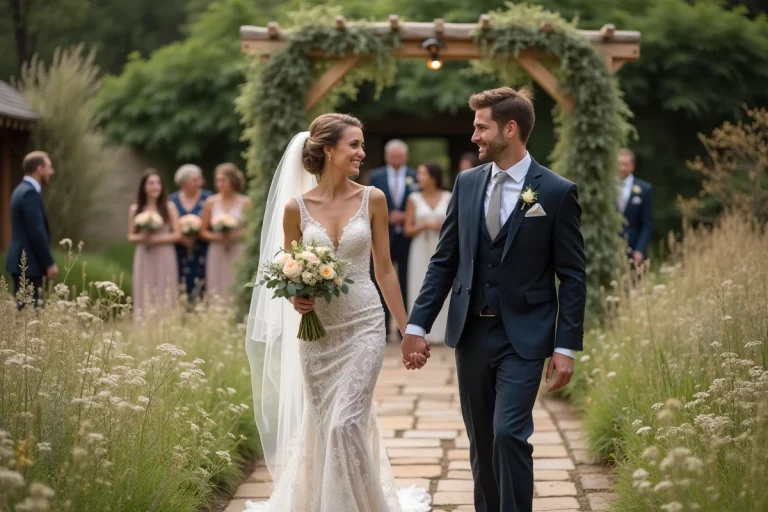 Jeune couple marié dans un jardin fleuri lors d'un mariage