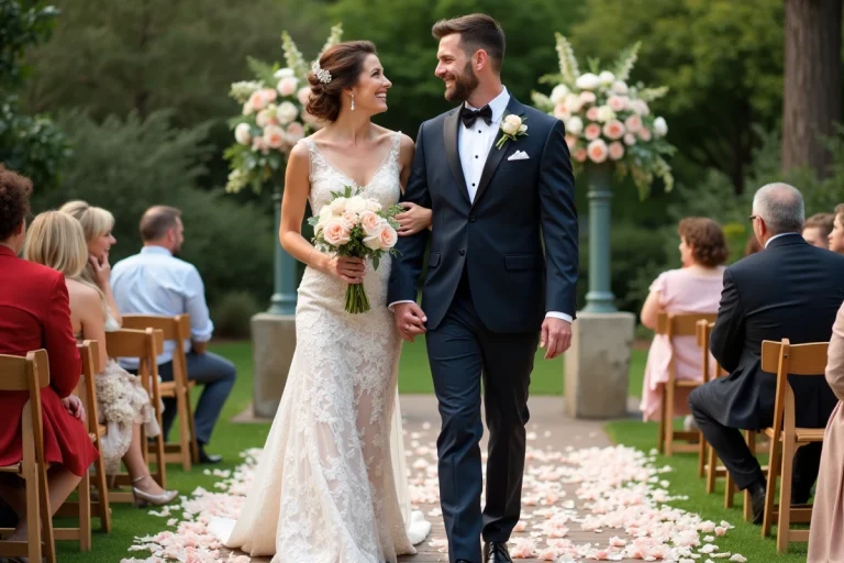 Jeune couple de mariés dans un jardin lors de leur mariage