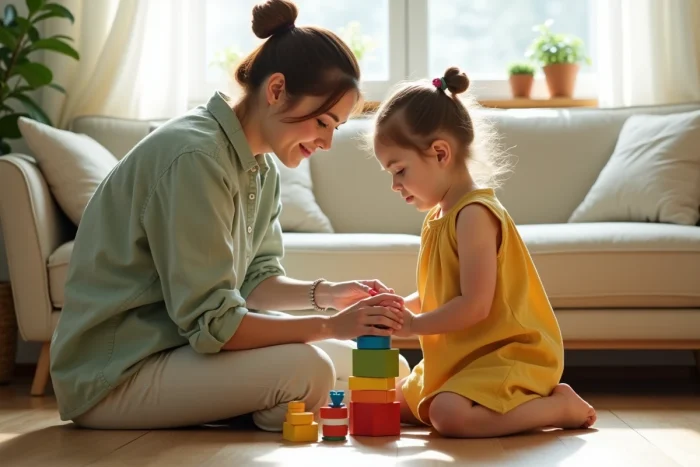 Mère et enfant jouant ensemble avec des blocs en bois dans un salon chaleureux, illustrant le bien-être et l'épanouissement de l'enfant au quotidien