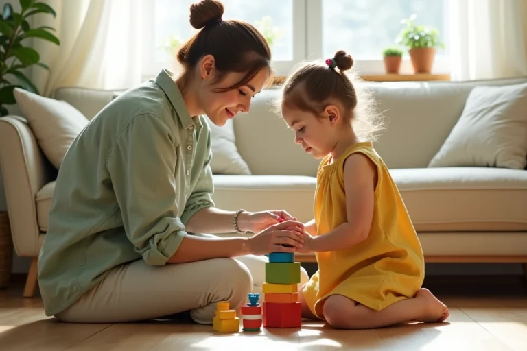 Mère et enfant jouant ensemble avec des blocs en bois dans un salon chaleureux, illustrant le bien-être et l'épanouissement de l'enfant au quotidien