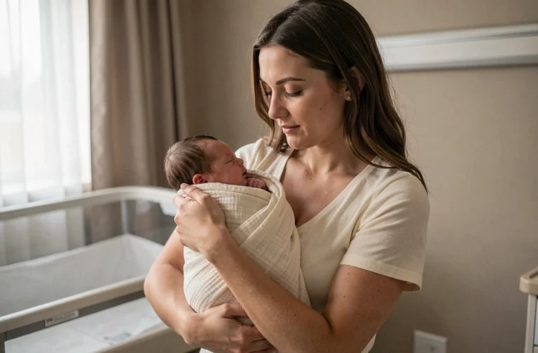 Jeune mère tenant un nourrisson emmailloté dans ses bras dans une chambre d'hôpital moderne, illustrant la définition OMS du nourrisson à la naissance
