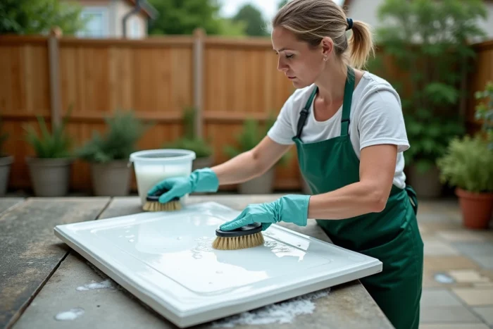 Femme nettoyant un cache moineau en PVC blanc avec une brosse et de l'eau savonneuse dans un jardin