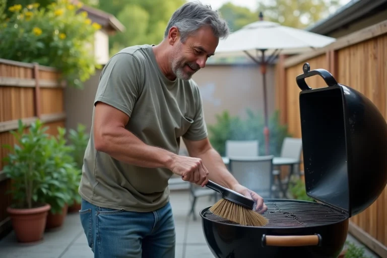 Homme d'âge moyen nettoyant un barbecue au charbon avec une brosse