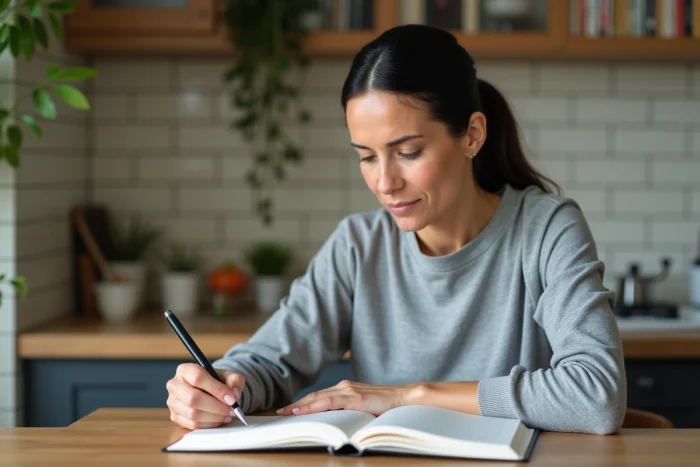 Une femme adulte assise à une table en bois, écrivant dans un journal des mots décrivant des comportements précis plutôt que des jugements sur une personne