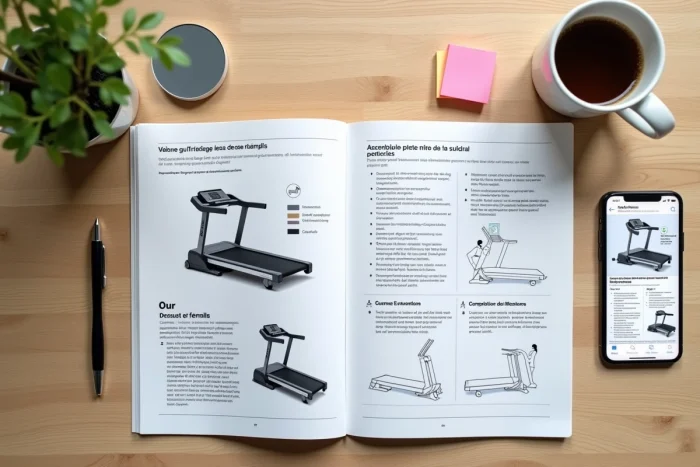 Notice technique du tapis de course ISE SY-1001 ouverte sur un bureau avec schémas d'assemblage et accessoires