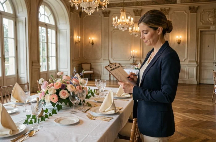 Planificatrice de mariage consultant sa liste de contrôle devant une table de réception élégamment décorée dans un château français