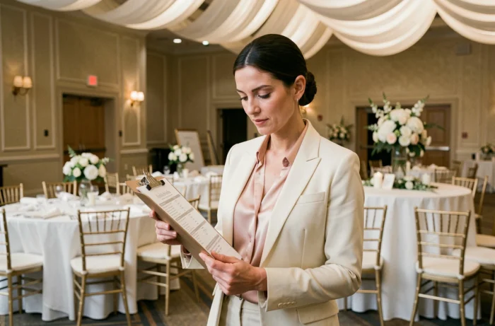 Organisatrice de mariage professionnelle vérifiant sa liste dans un salon de réception en cours de décoration