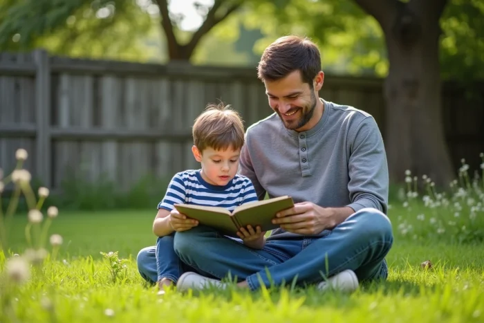 Père et fils lisant un livre ensemble dans un jardin verdoyant, représentant l'accompagnement parental et l'épanouissement de l'enfant en plein air