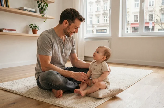 Père assis au sol interagissant avec son nourrisson de six mois dans un intérieur scandinave, illustrant le développement du nourrisson selon l'OMS
