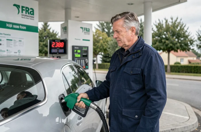Homme faisant le plein d'hydrogène à une station H2 en France avec affichage du prix en euros par kilogramme