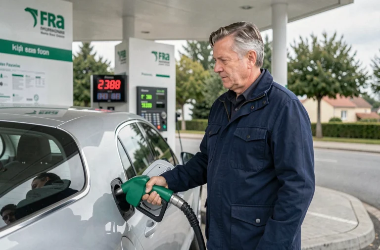 Homme faisant le plein d'hydrogène à une station H2 en France avec affichage du prix en euros par kilogramme