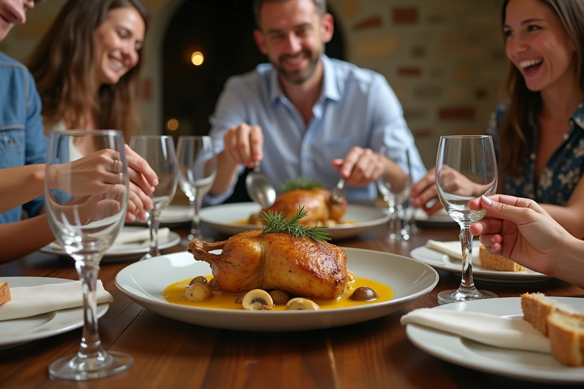 Poulet au vin jaune présenté sur une table conviviale