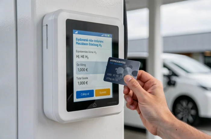Gros plan sur un terminal de paiement d'une station hydrogène en France affichant le prix au kilogramme en euros