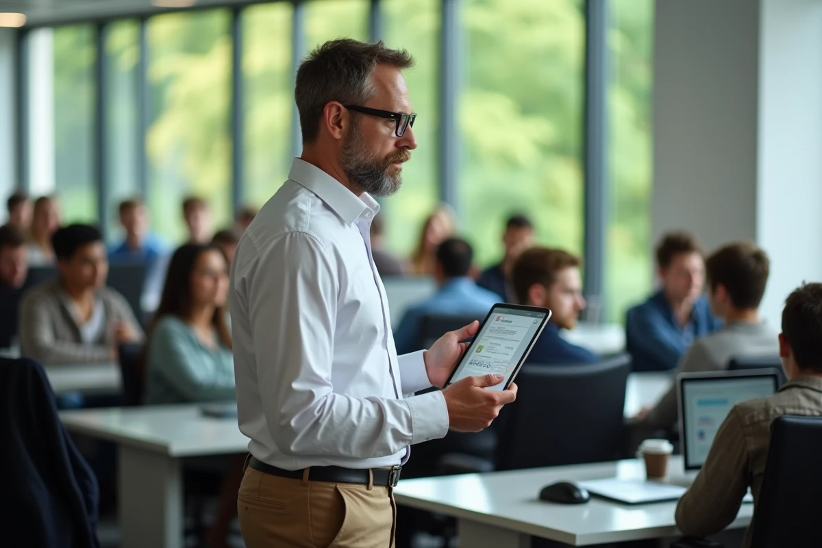 Professeur montrant un site éducatif sur une tablette aux étudiants