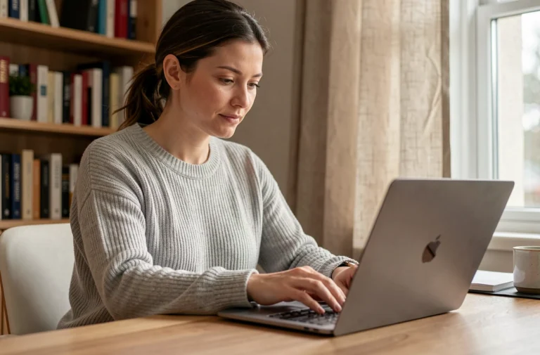 Femme récupérant l'accès à son compte en ligne sur un ordinateur portable dans un bureau à domicile