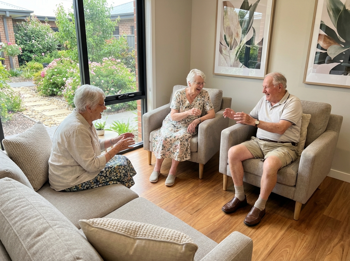 Groupe de seniors discutant dans un salon convivial