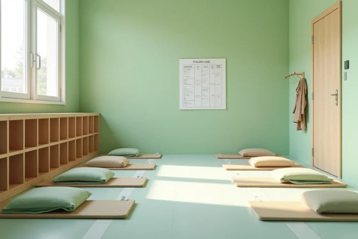 Salle de sieste vide en école maternelle avec tapis individuels et affichage réglementaire du temps de repos