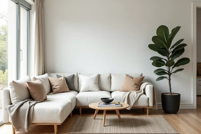 Salon moderne au design scandinave avec canapé en lin, plante verte et parquet en chêne clair