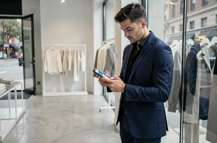 Homme consultant le service client d'une boutique de mode via son smartphone à l'intérieur d'un magasin de vêtements contemporain