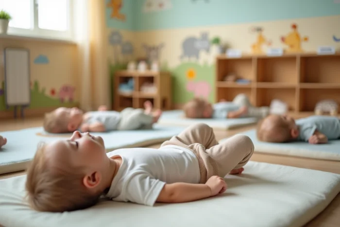 Enfants de petite section en train de faire la sieste sur des tapis individuels dans une salle de classe de maternelle
