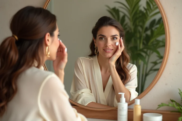 Femme brunette appliquant un serum visage dans sa salle de bain