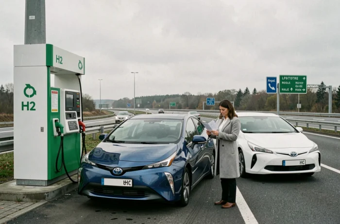 Station hydrogène en France sur aire d'autoroute avec deux véhicules à pile à combustible et une conductrice consultant son reçu