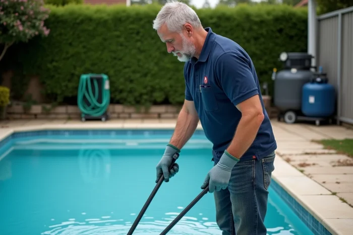Technicien de piscine traitant une eau trouble avec une épuisette télescopique au bord d'un bassin résidentiel