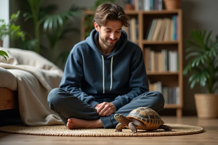 Jeune homme observant sa tortue à pattes rouges s'approcher de lui dans son appartement, témoignant d'un lien de reconnaissance entre le reptile et son propriétaire