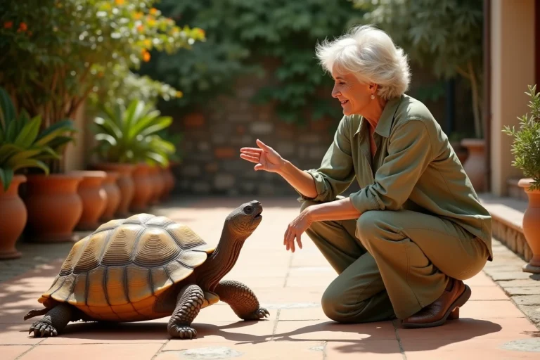 Femme d'une cinquantaine d'années interagissant avec sa tortue méditerranéenne dans un jardin, illustrant la reconnaissance entre la tortue et son maître