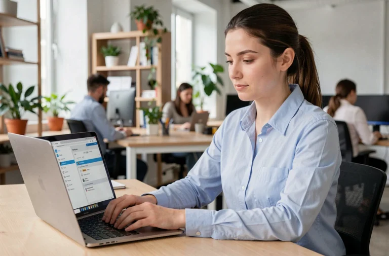 Enseignante utilisant le webmel de l'académie de Créteil sur un ordinateur portable dans un bureau administratif moderne