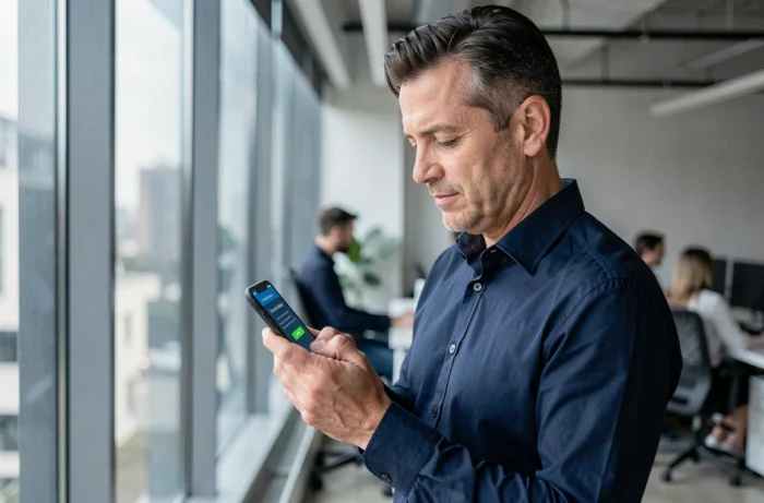 Homme vérifiant les étapes de sécurité pour récupérer un compte en ligne via son smartphone au bureau