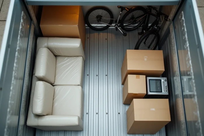 Vue aérienne de l'intérieur d'un camion de déménagement rempli avec 4m3 d'affaires ménagères emballées
